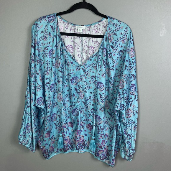 Sundance top blouse XS peasant floral blue dolamon boho silk blend - Picture 4 of 11